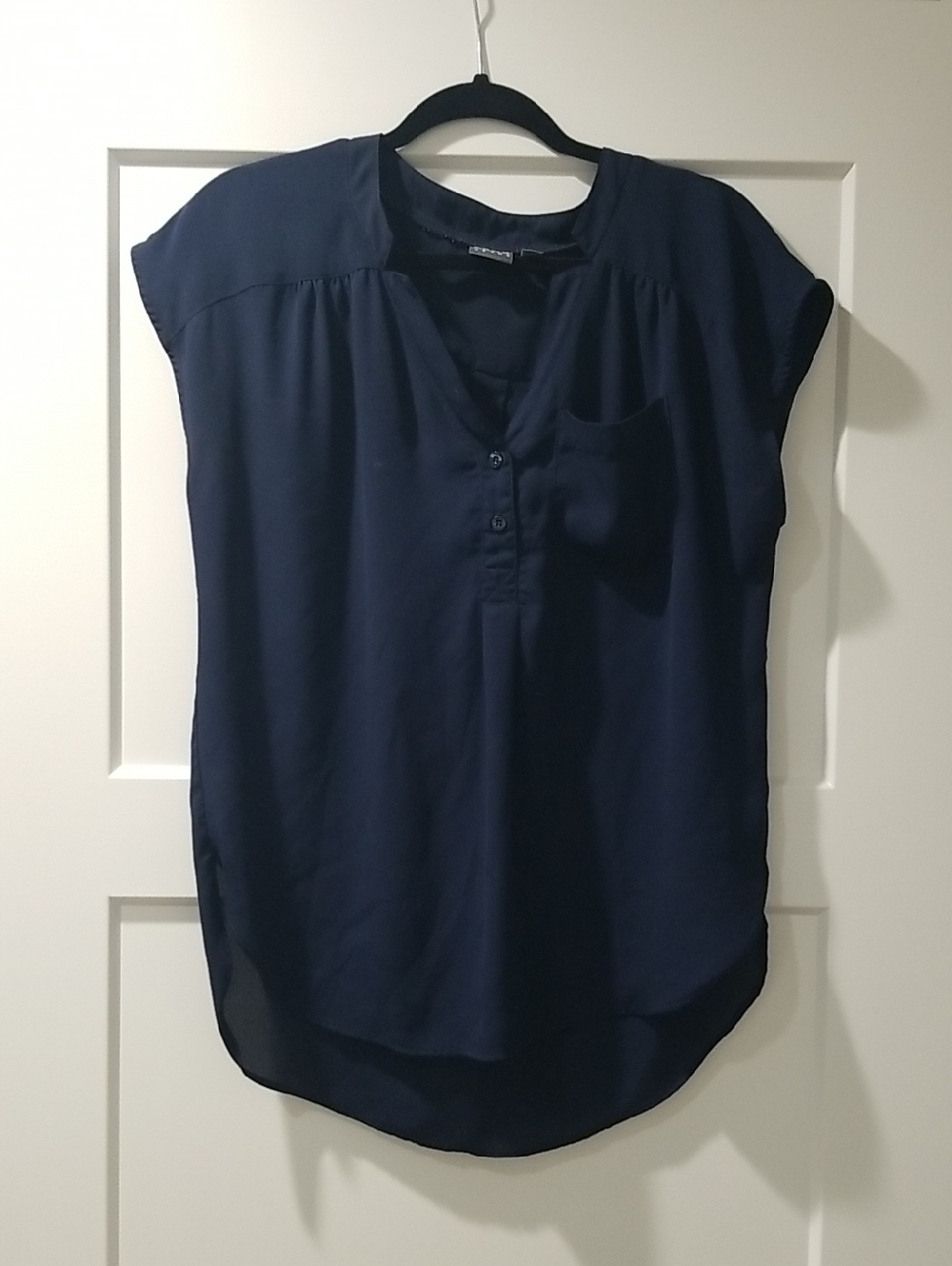Soho Navy cap Sleeve V-Neck Blouse with Chest Pocket